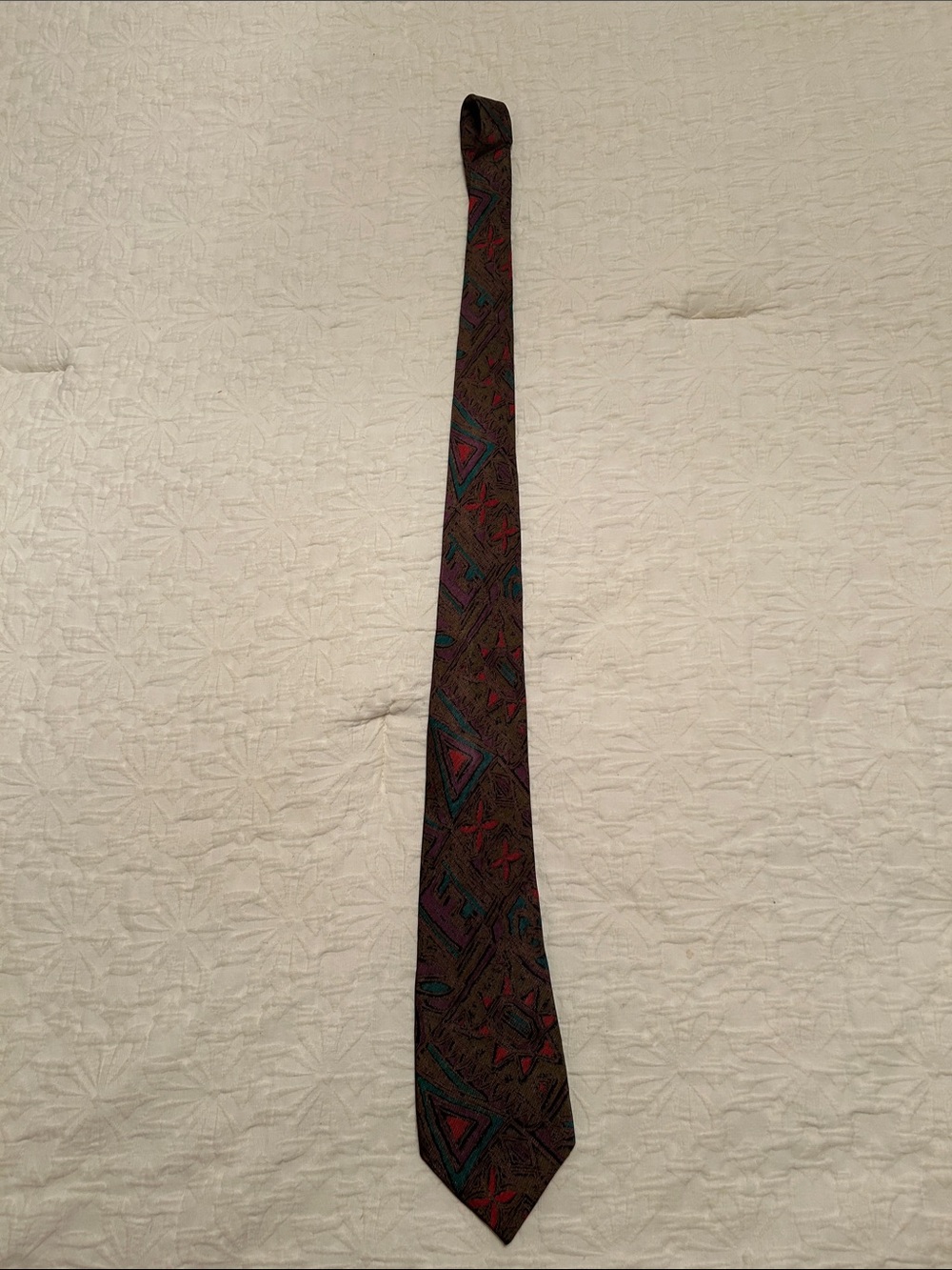 Picasso Hand Made Classic Brown Patterned Silk Tie - Brown with Teal & Red